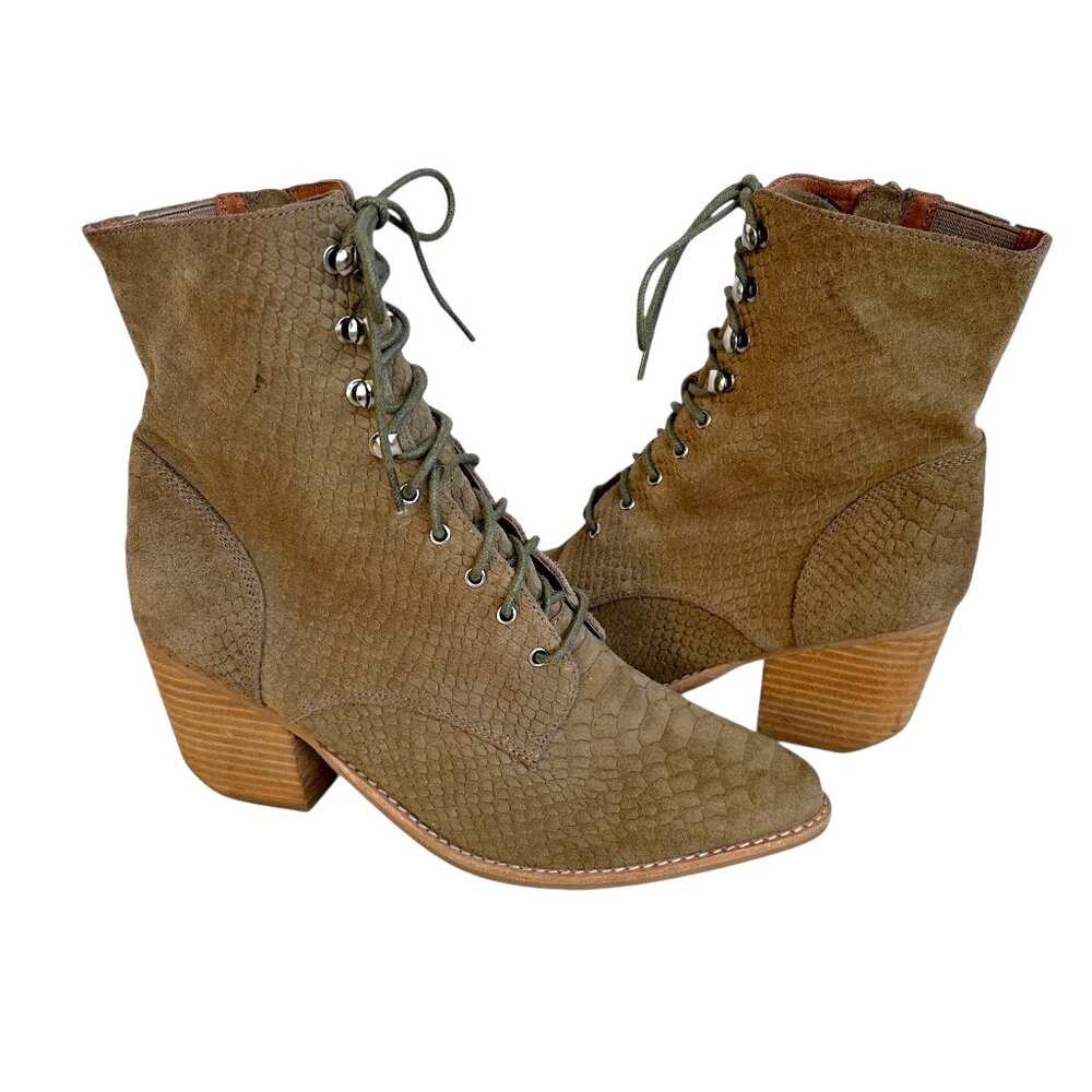 Jeffrey Campbell x Free People Elmcroft Suede Boots, Khaki Matte Snake, Size 10